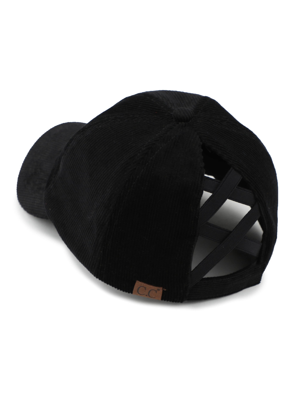 Criss Cross Ponytail Cap, Messy Bun Distressed | Corduroy, Black | Size OS